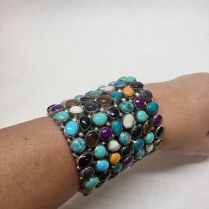 Vintage  Sterling Silver Multicolor Stones 3" Wide Cuff Bracelet
